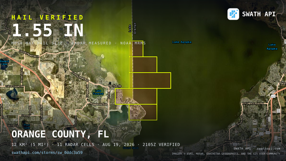 Storm card: 1.2–1.6" hail crossed Orange County, FL — August 19, 2026