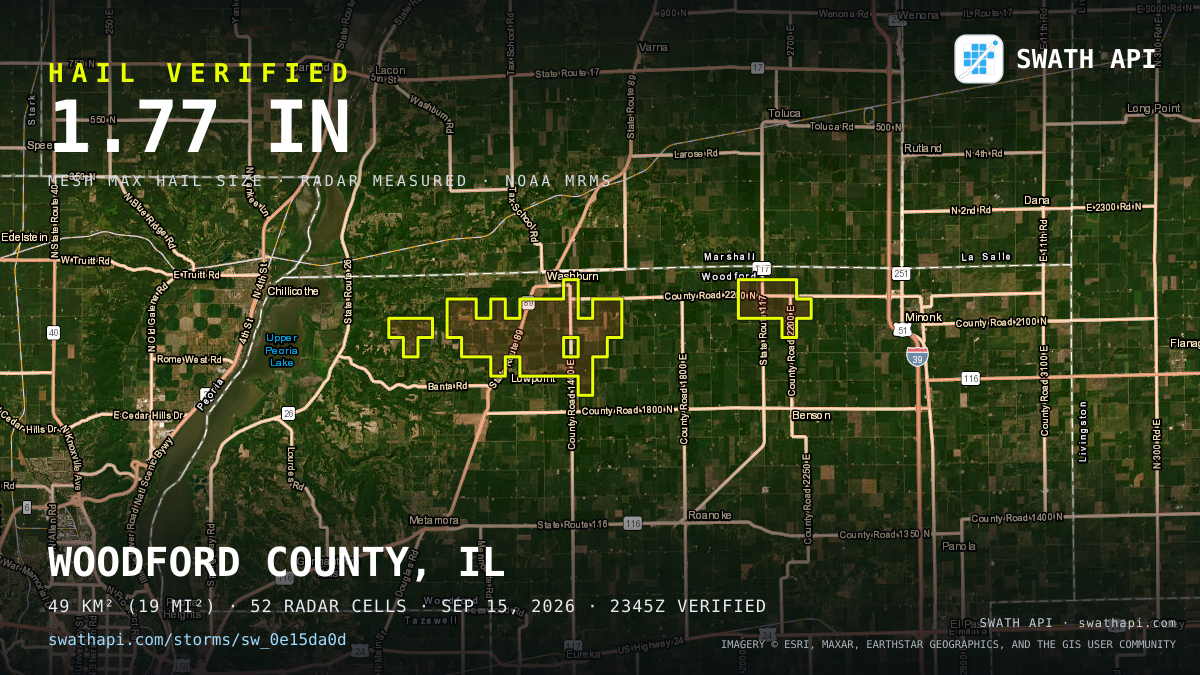 Storm card: 1.1–1.8" hail crossed Woodford County, IL — September 15, 2026