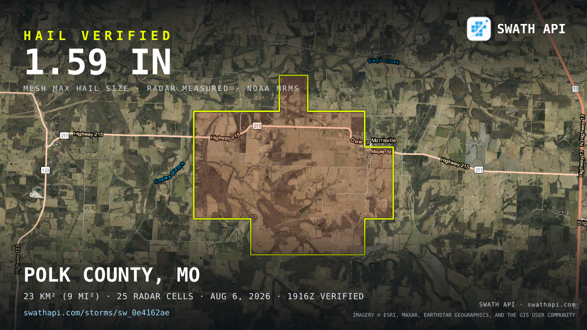Storm card: 1.3–2.1" hail crossed Greene County, MO — August 6, 2026