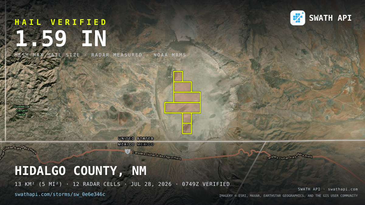 Storm card: 1.1–1.6" hail crossed Hidalgo County, NM — July 28, 2026