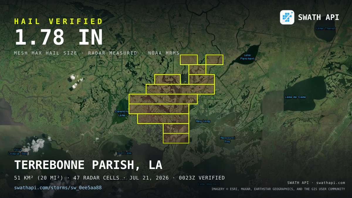 Storm card: 1.2–1.8" hail crossed Terrebonne Parish, LA — July 21, 2026