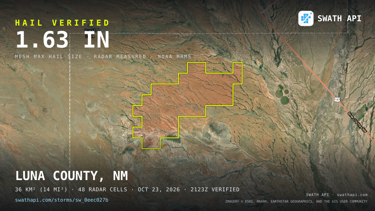Storm card: 1.4–2.9" hail crossed Sierra County, NM — October 23, 2026