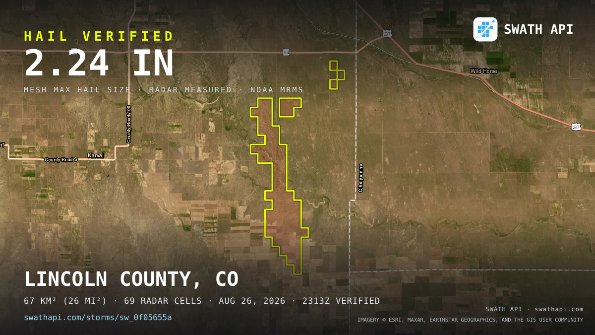 Storm card: 1.4–2.2" hail crossed Lincoln County, CO — August 26, 2026