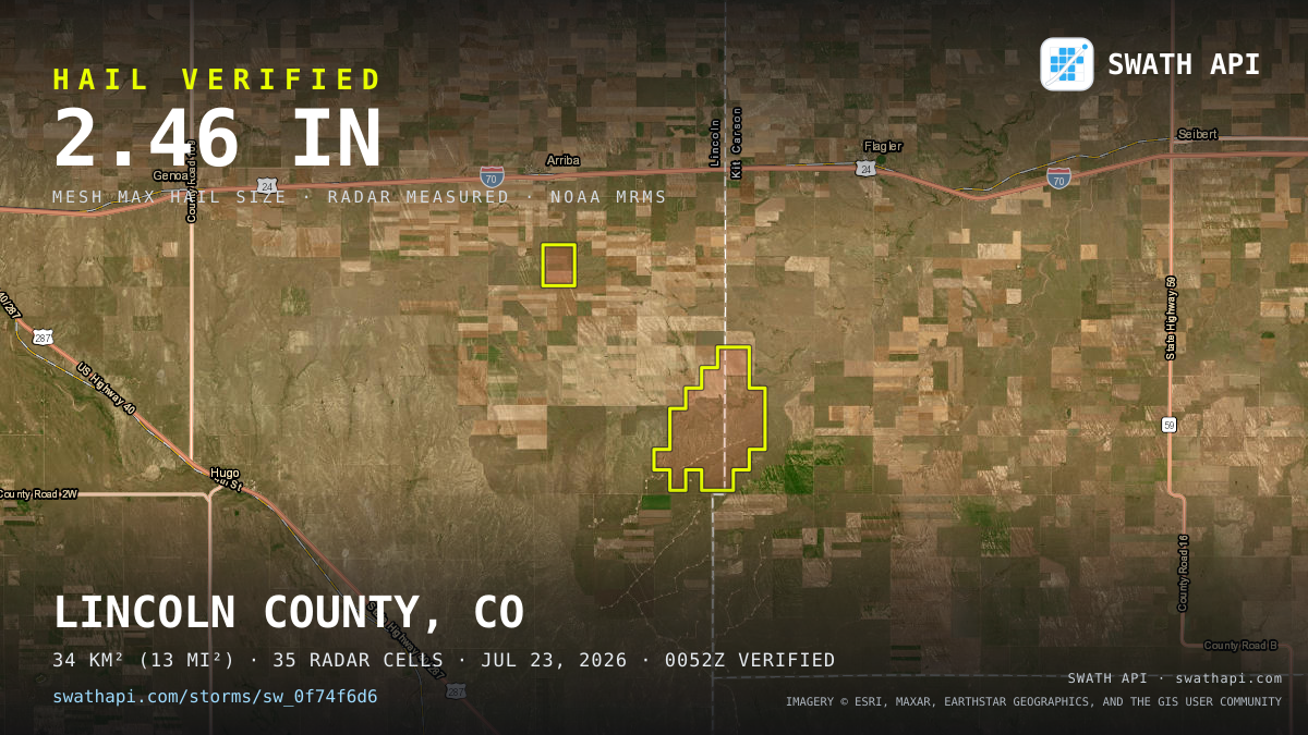 Storm card: 1.2–2.5" hail crossed Lincoln County, CO — July 23, 2026