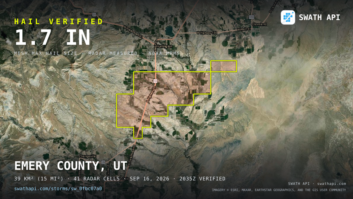 Storm card: 1.2–1.7" hail crossed Emery County, UT — September 16, 2026