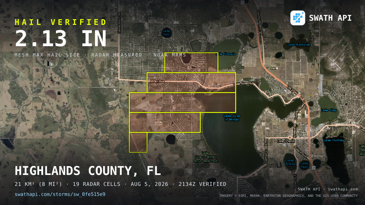 Storm card: 1.1–2.1" hail crossed Highlands County, FL — August 5, 2026