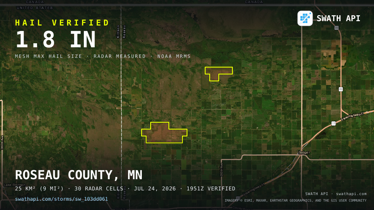 Storm card: 1.1–1.8" hail crossed Roseau County, MN — July 24, 2026