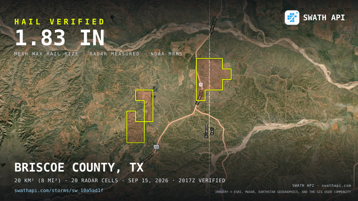 Storm card: 1.4–1.8" hail crossed Briscoe County, TX — September 15, 2026
