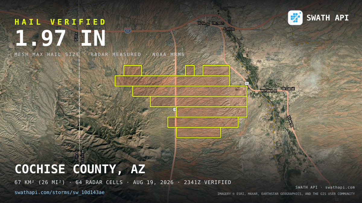 Storm card: 1–2" hail crossed Cochise County, AZ — August 19, 2026