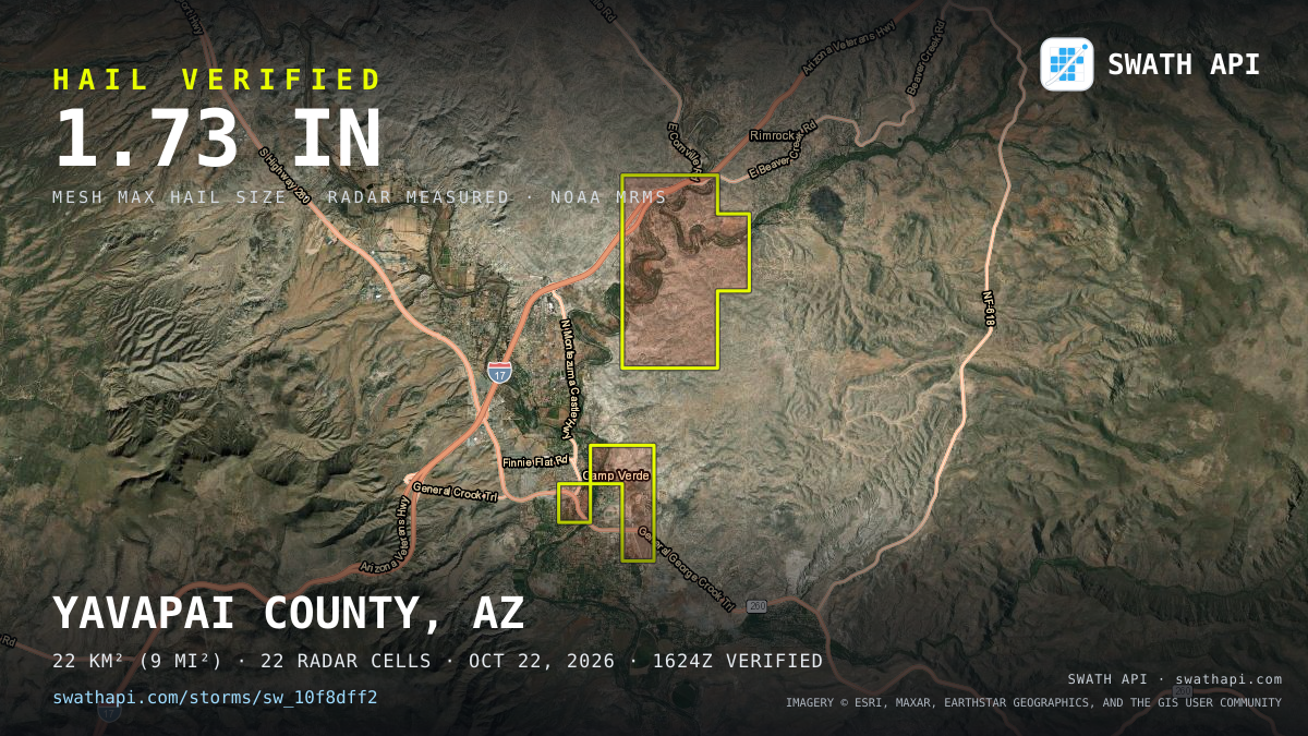 Storm card: 1.1–1.7" hail crossed Yavapai County, AZ — October 22, 2026