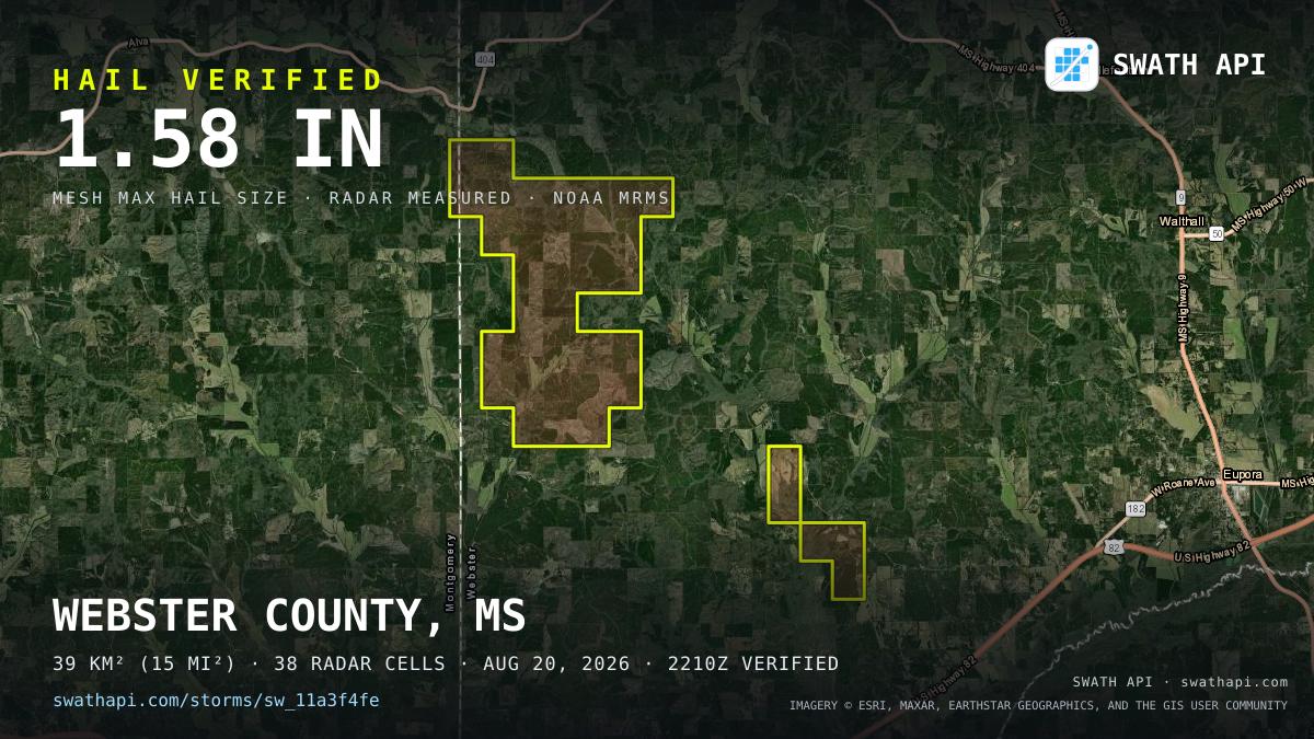 Storm card: 1.2–1.6" hail crossed Webster County, MS — August 20, 2026