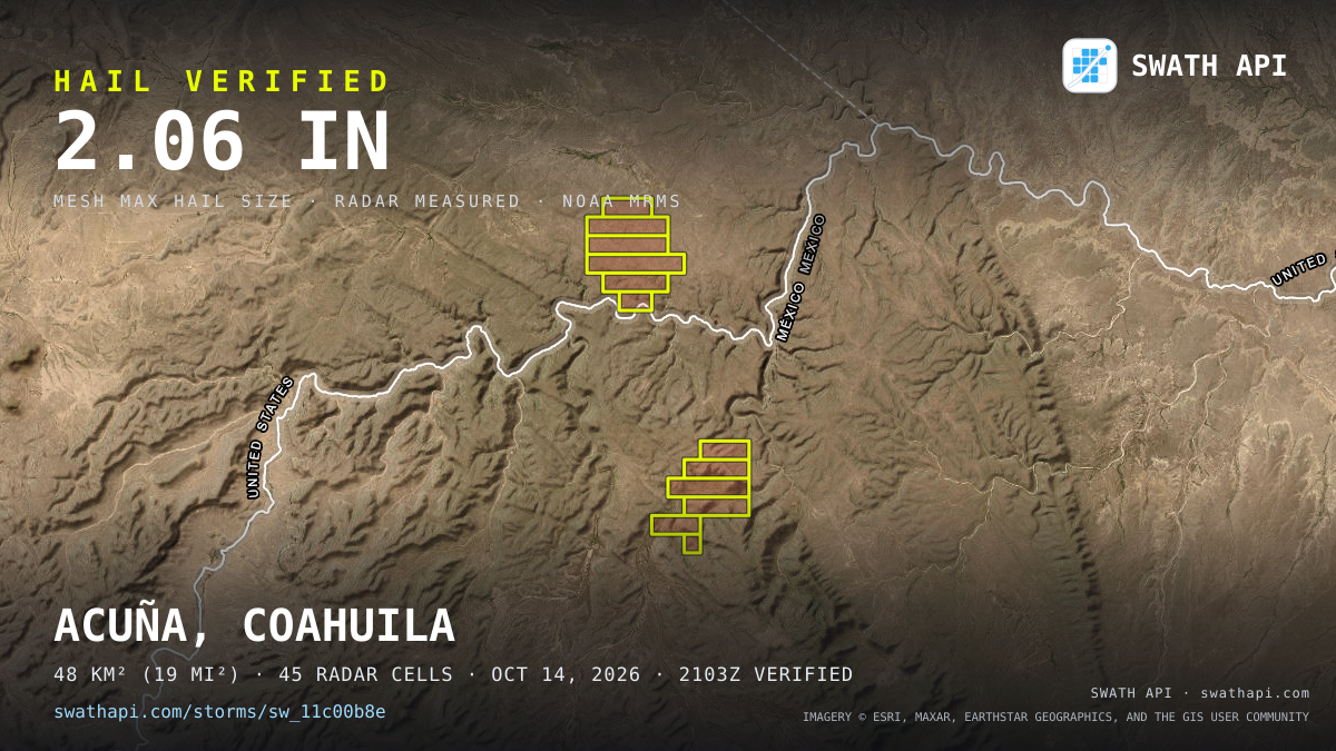 Storm card: 1.1–3.5" hail crossed Terrell County, TX — October 14, 2026