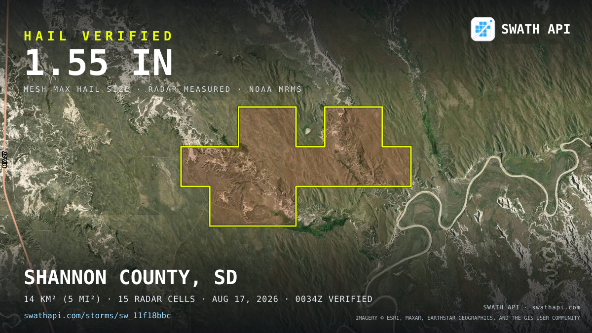Storm card: 1.2–1.6" hail crossed Shannon County, SD — August 17, 2026