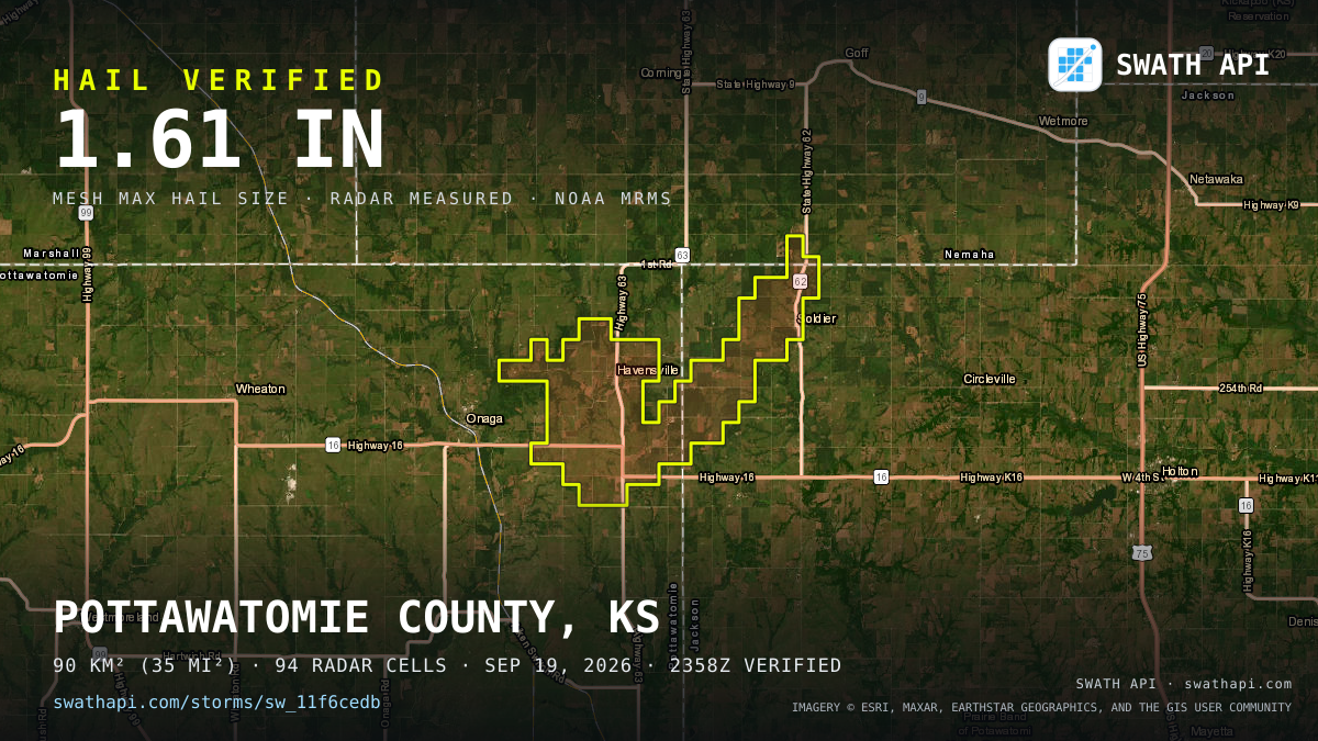 Storm card: 1.1–1.6" hail crossed Pottawatomie County, KS — September 19, 2026