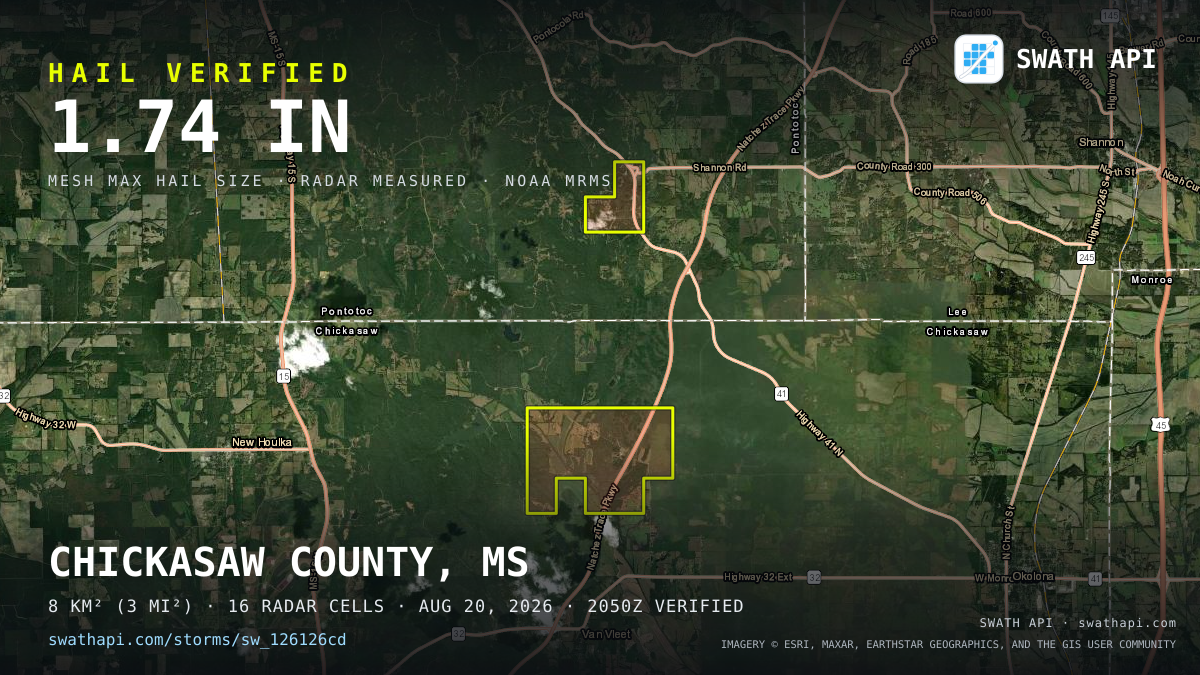 Storm card: 1.3–1.7" hail crossed Chickasaw County, MS — August 20, 2026