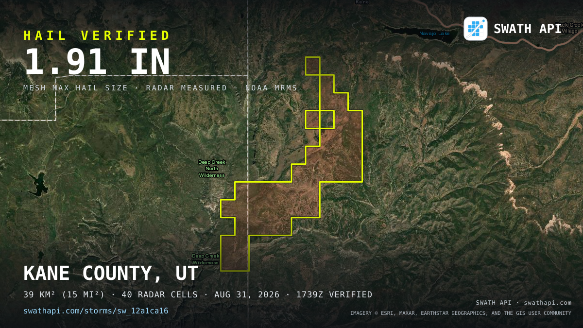 Storm card: 1.2–1.9" hail crossed Kane County, UT — August 31, 2026