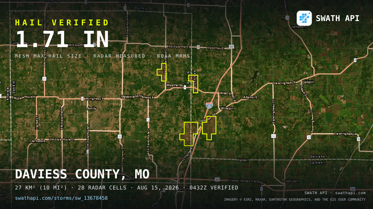 Storm card: 1.1–1.7" hail crossed Daviess County, MO — August 15, 2026