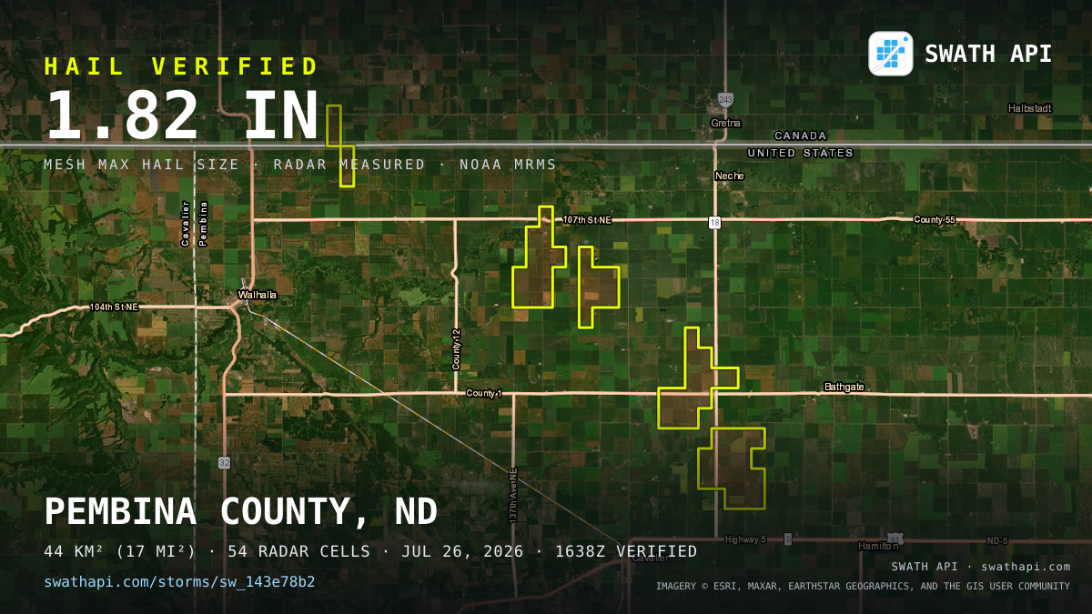 Storm card: 1.3–1.8" hail crossed Pembina County, ND — July 26, 2026