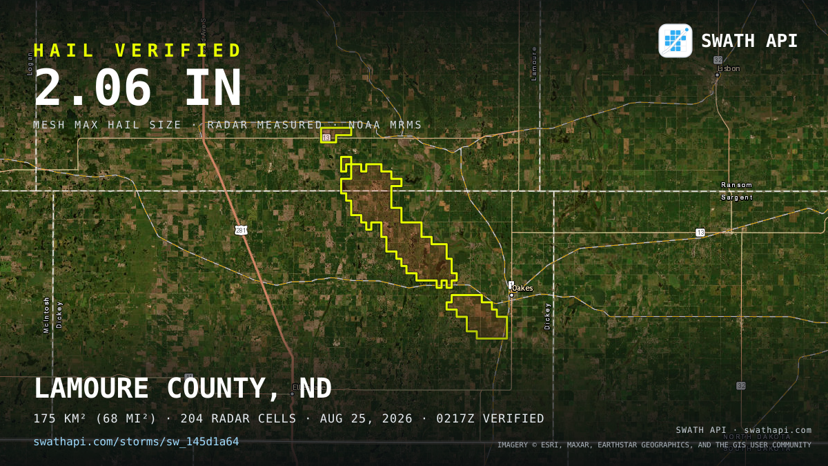 Storm card: 1.3–2.1" hail crossed Dickey County, ND — August 25, 2026