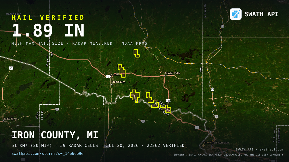 Storm card: 1.2–1.9" hail crossed Iron County, MI — July 20, 2026