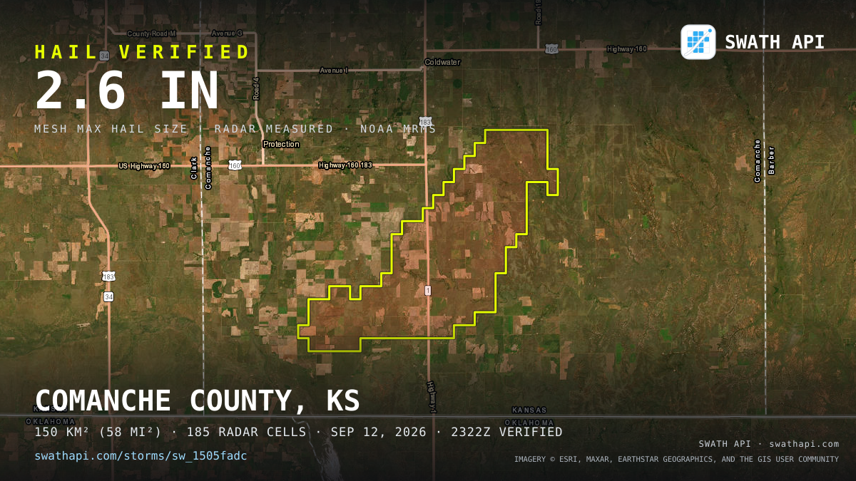Storm card: 1.3–2.6" hail crossed Comanche County, KS — September 12, 2026