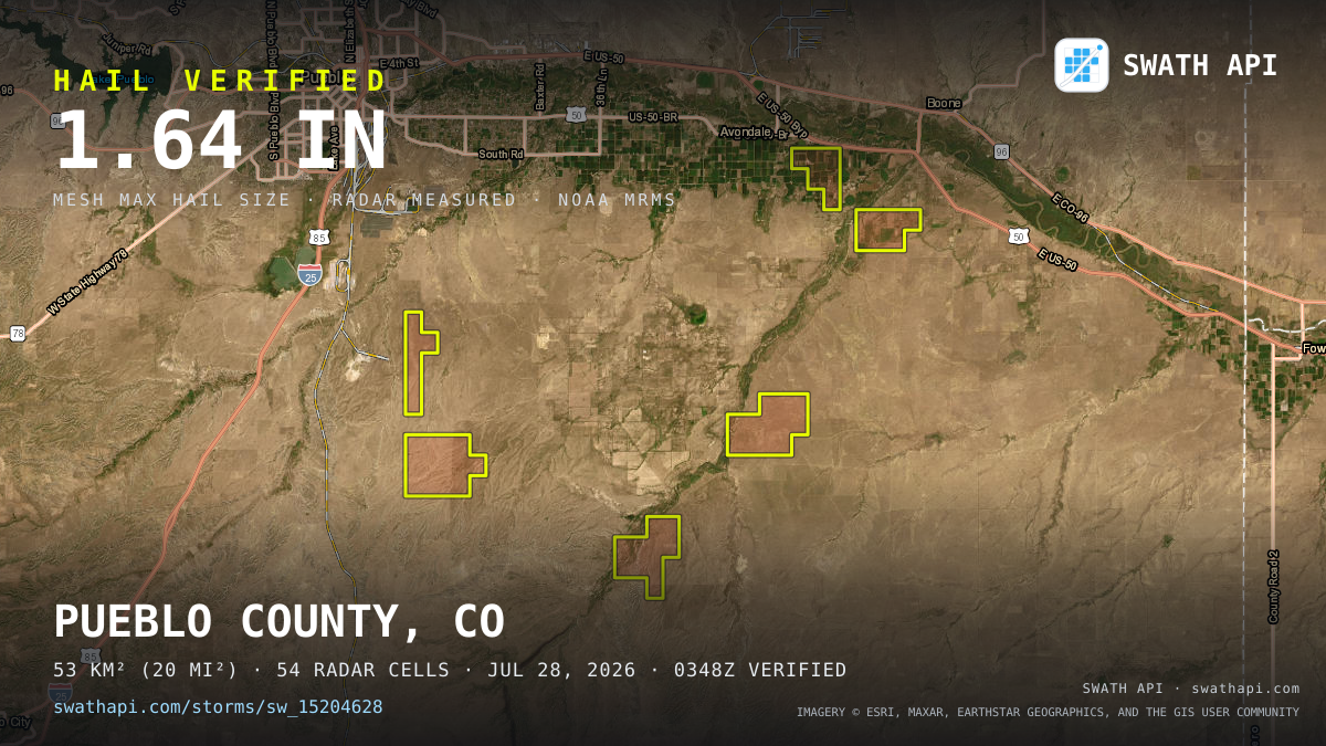Storm card: 1.2–1.6" hail crossed Pueblo County, CO — July 28, 2026