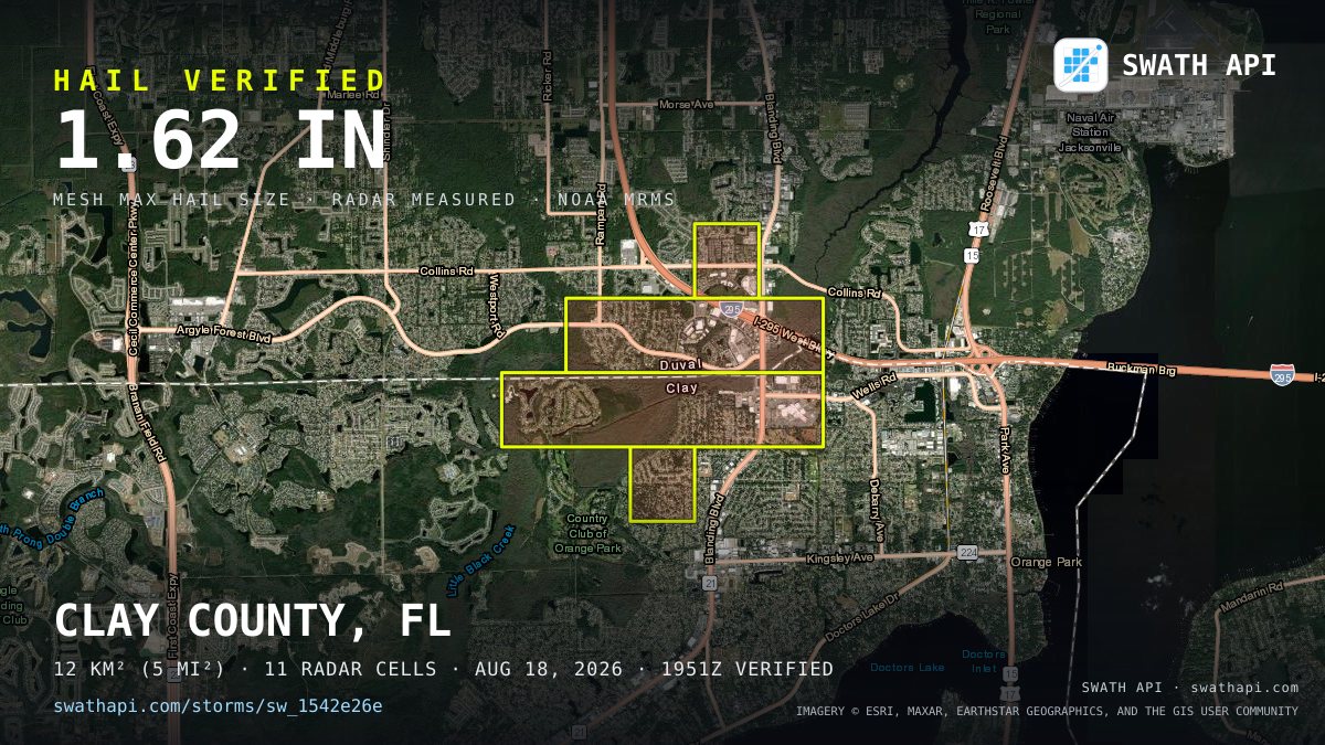Storm card: 1.2–1.6" hail crossed Clay County, FL — August 18, 2026