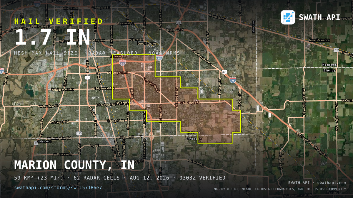 Storm card: 1.2–1.7" hail crossed Marion County, IN — August 12, 2026