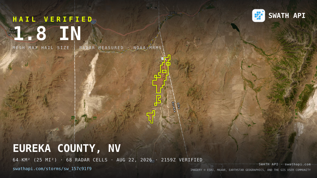 Storm card: 1.2–1.8" hail crossed Eureka County, NV — August 22, 2026