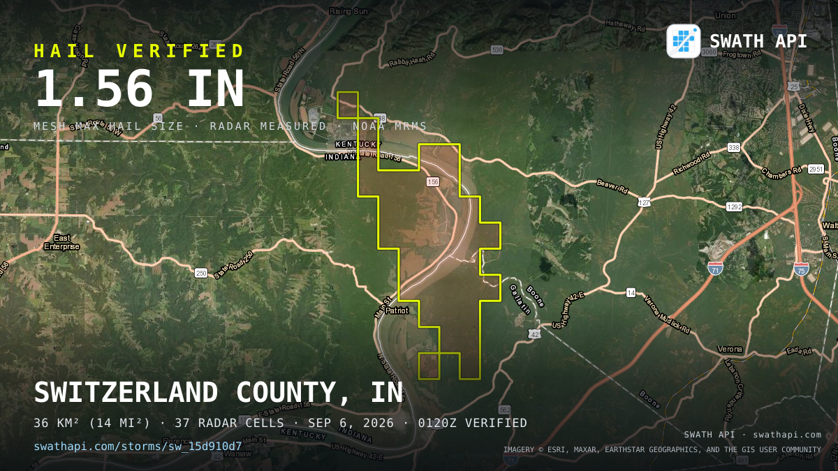 Storm card: 1.1–1.6" hail crossed Switzerland County, IN — September 6, 2026