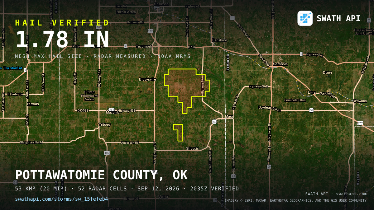 Storm card: 1.2–1.8" hail crossed Pottawatomie County, OK — September 12, 2026