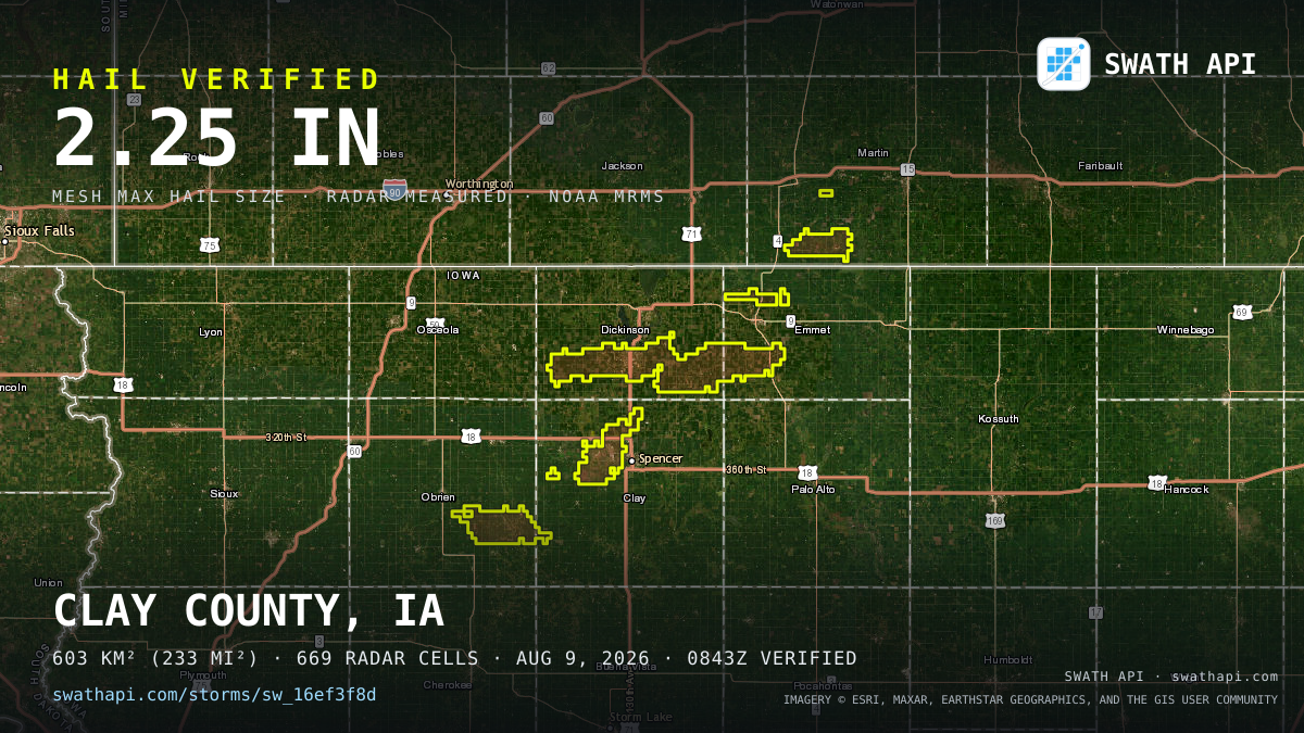 Storm card: 1.1–2.3" hail crossed Dickinson County, IA — August 9, 2026