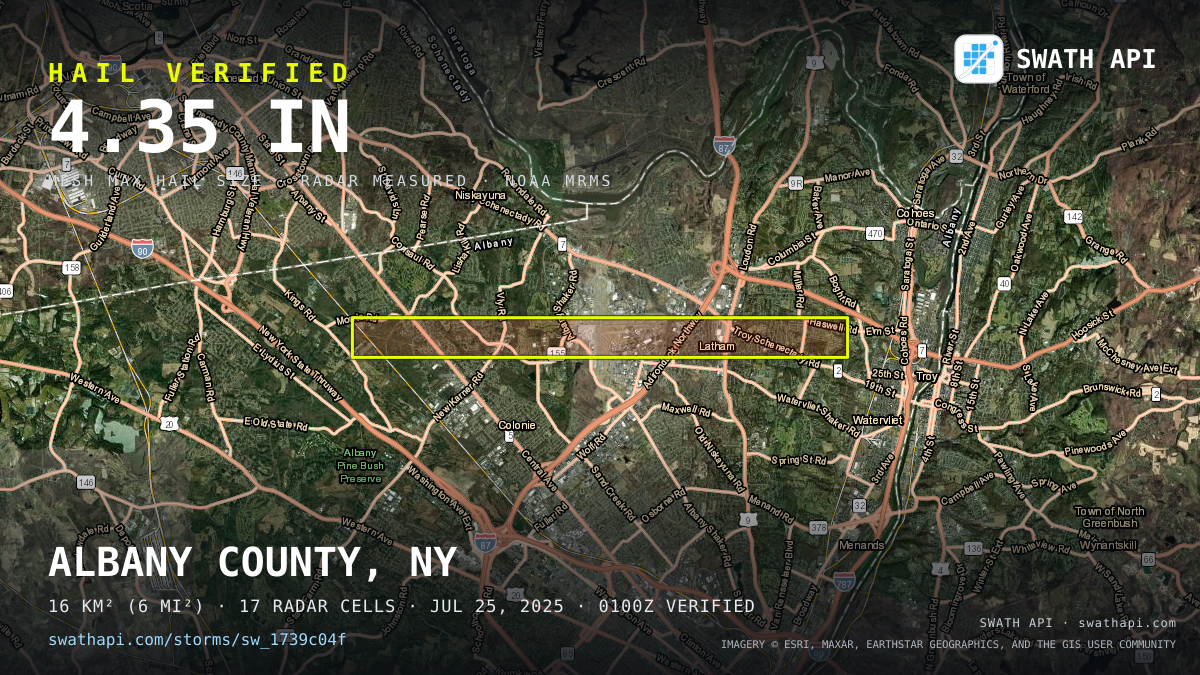 Storm card: 2.7–4.4" hail crossed Albany County, NY — July 25, 2025