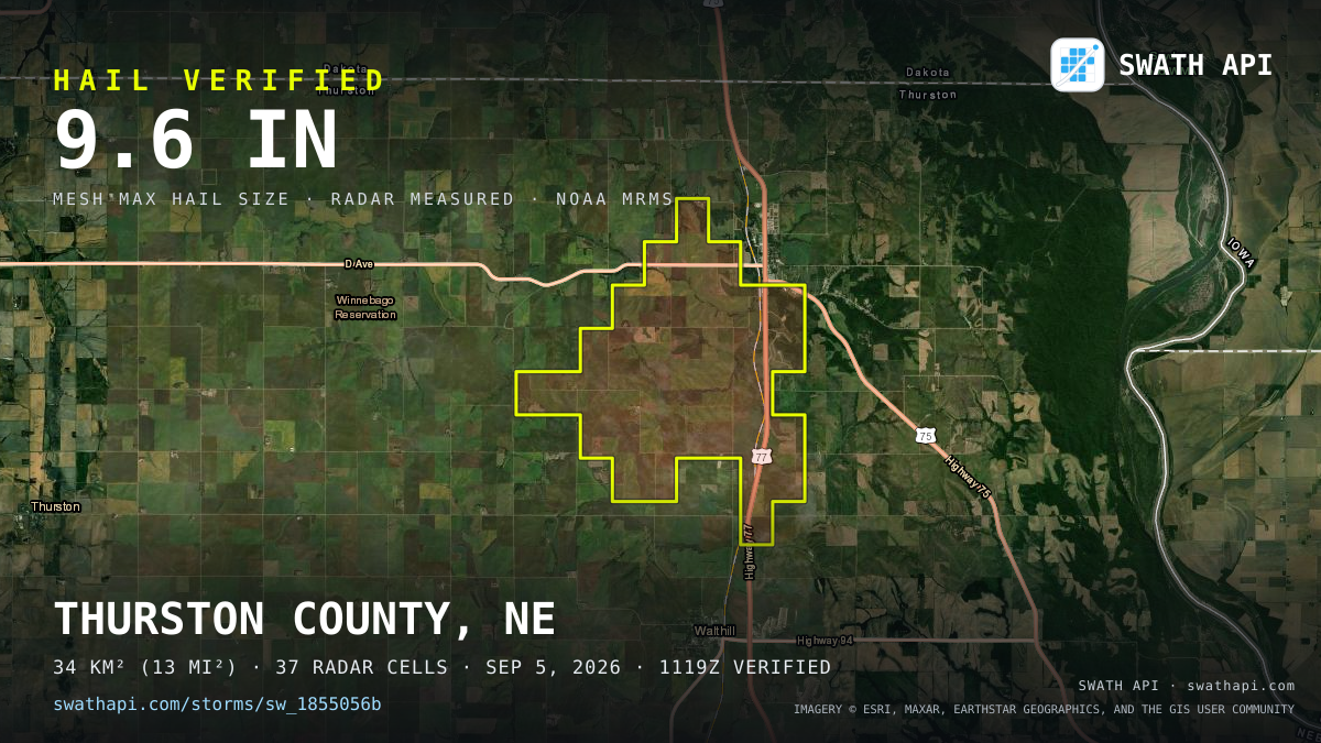 Storm card: 5.7–9.6" hail crossed Thurston County, NE — September 5, 2026