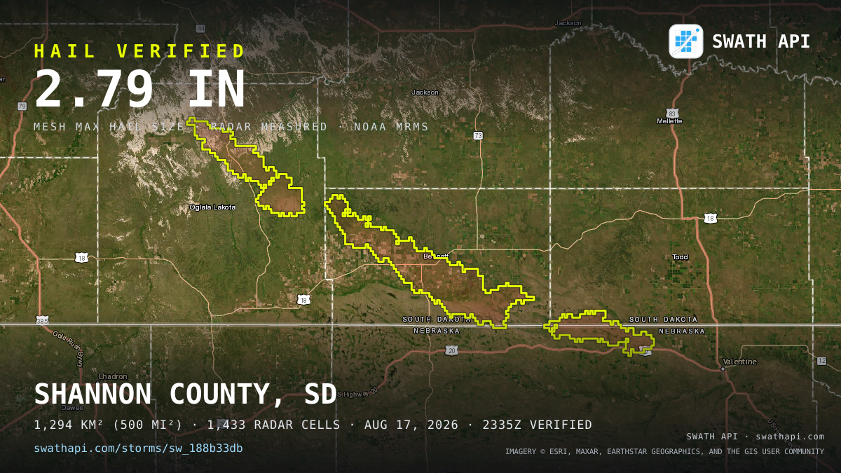 Storm card: 1.1–2.8" hail crossed Bennett County, SD — August 17, 2026