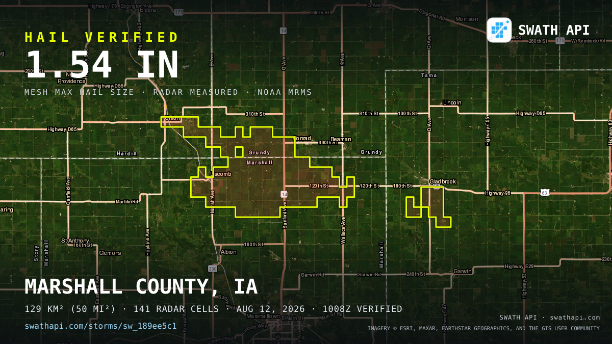 Storm card: 1.1–1.5" hail crossed Marshall County, IA — August 12, 2026