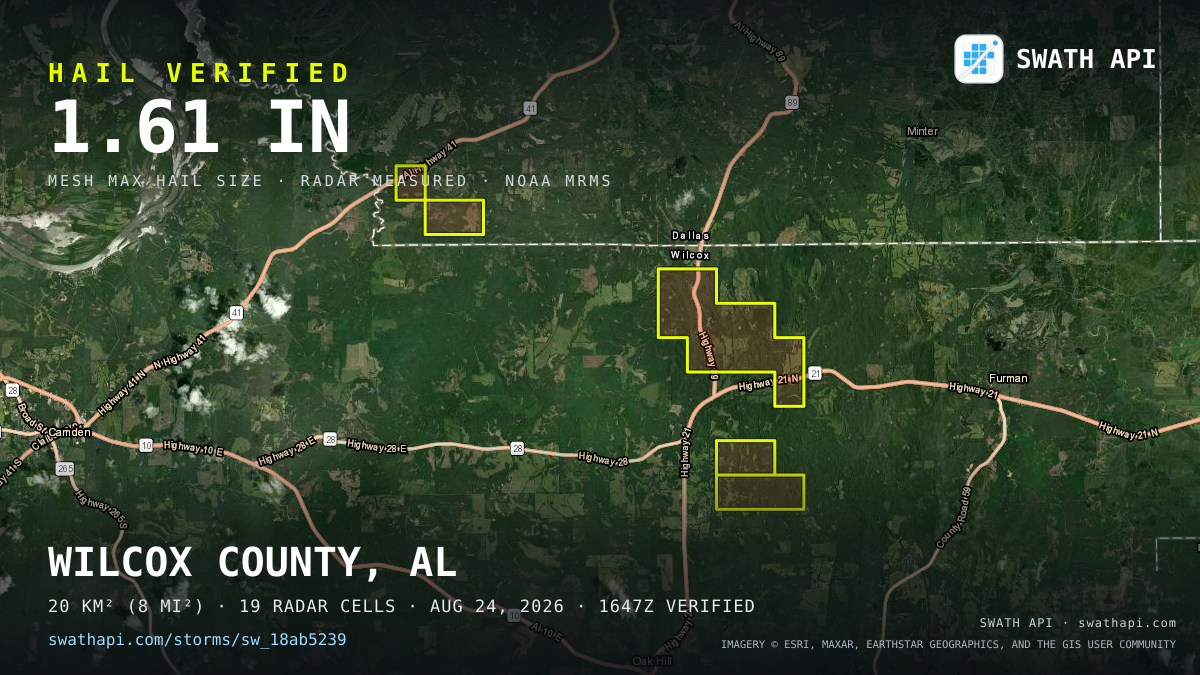 Storm card: 1.2–1.6" hail crossed Wilcox County, AL — August 24, 2026