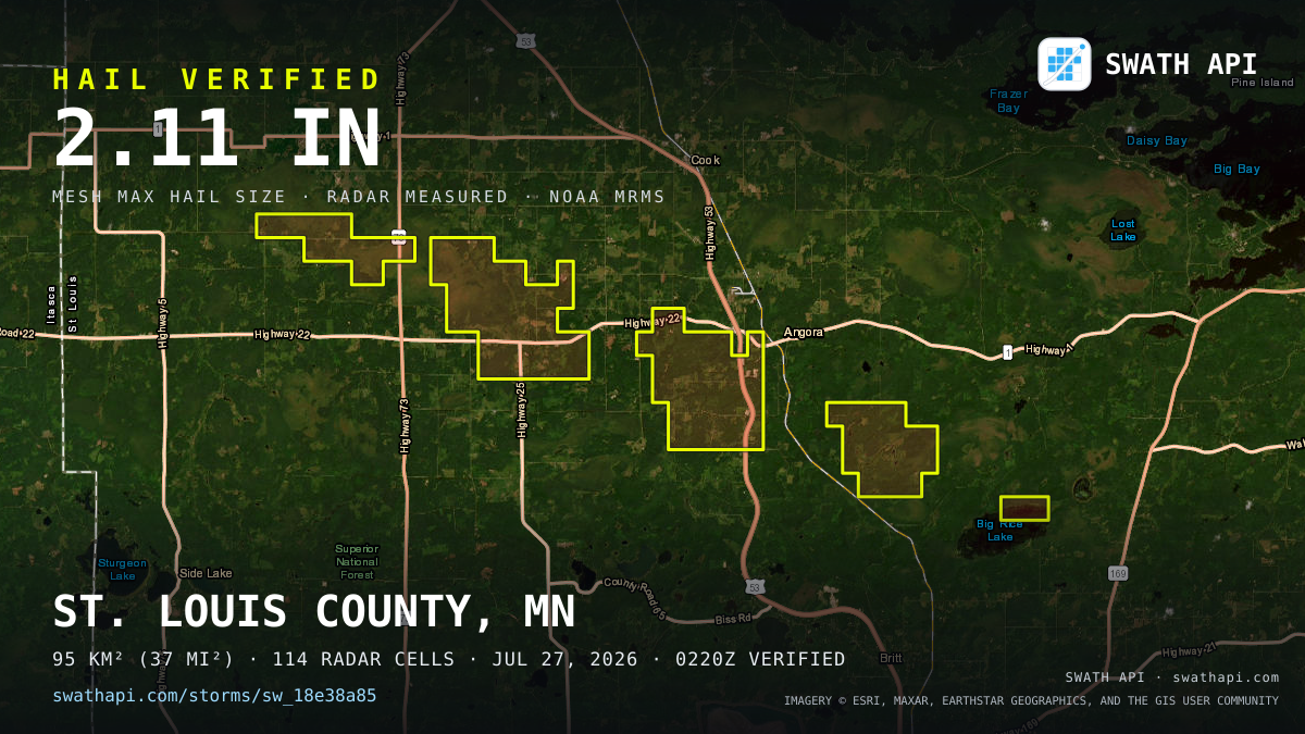 Storm card: 1.1–2.1" hail crossed St. Louis County, MN — July 27, 2026