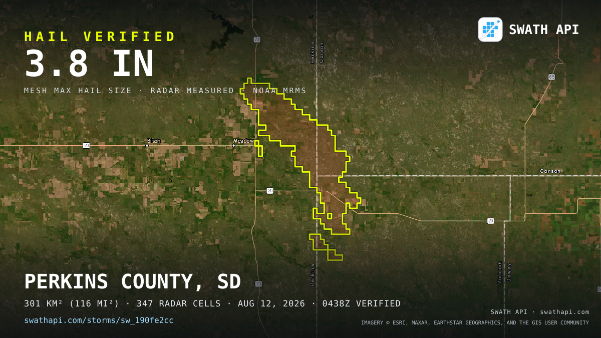 Storm card: 1.2–3.8" hail crossed Perkins County, SD — August 12, 2026