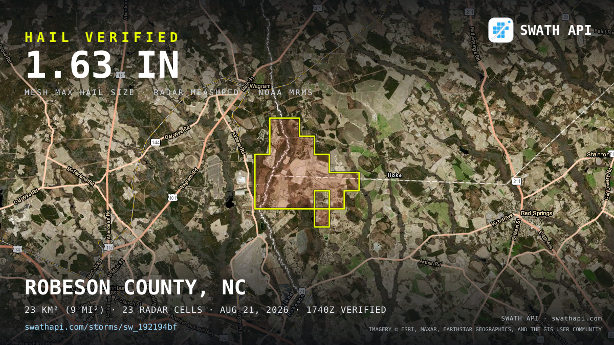 Storm card: 1.1–1.6" hail crossed Hoke County, NC — August 21, 2026
