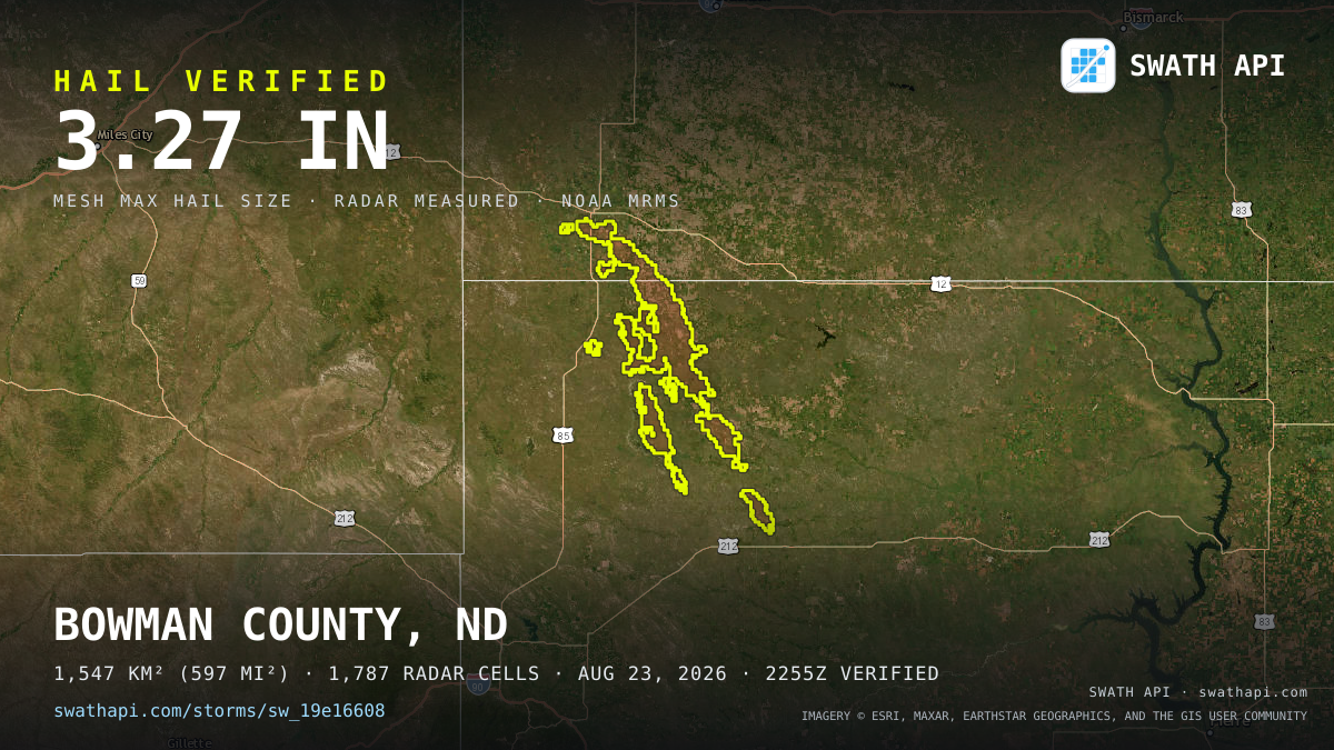 Storm card: 1.1–3.3" hail crossed Harding County, SD — August 23, 2026