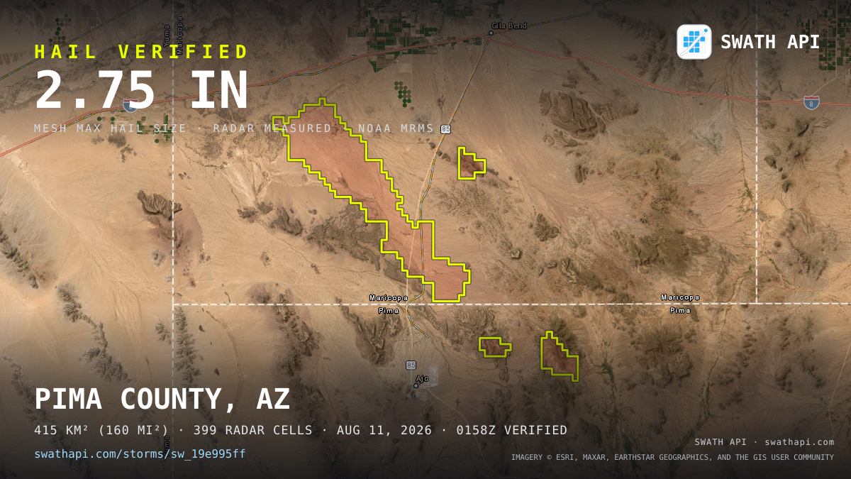 Storm card: 1.1–2.8" hail crossed Maricopa County, AZ — August 11, 2026
