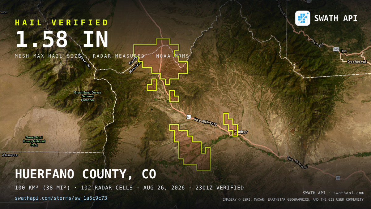 Storm card: 1.2–1.6" hail crossed Huerfano County, CO — August 26, 2026