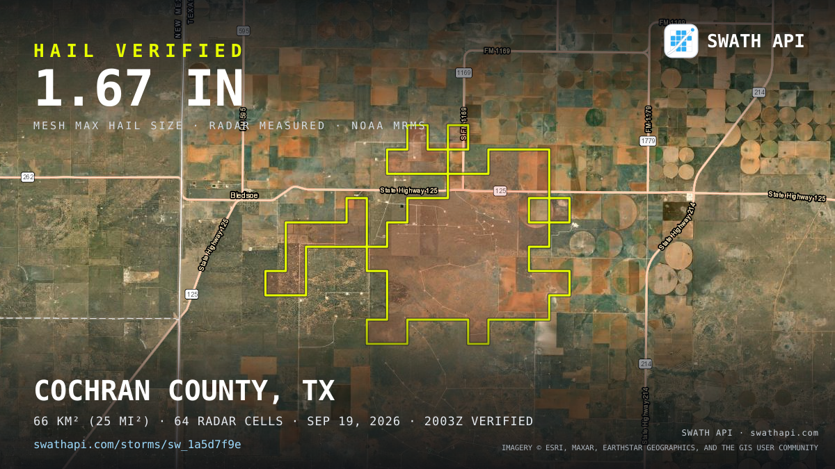 Storm card: 1.3–1.7" hail crossed Cochran County, TX — September 19, 2026