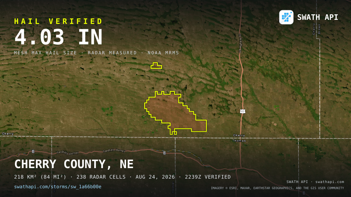 Storm card: 1.1–4" hail crossed Cherry County, NE — August 24, 2026