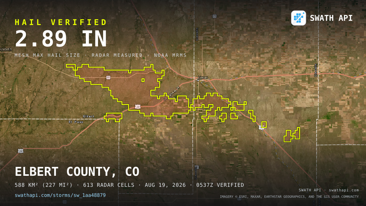 Storm card: 1.2–2.9" hail crossed Elbert County, CO — August 19, 2026