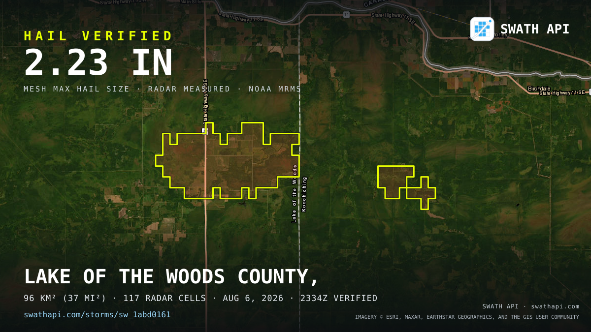 Storm card: 1.1–2.2" hail crossed Lake of the Woods County, MN — August 6, 2026