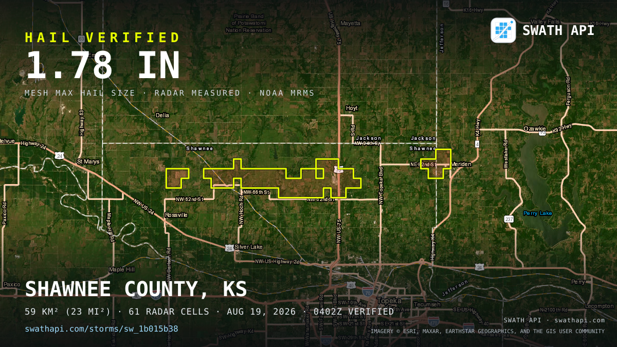 Storm card: 1.2–1.8" hail crossed Shawnee County, KS — August 19, 2026