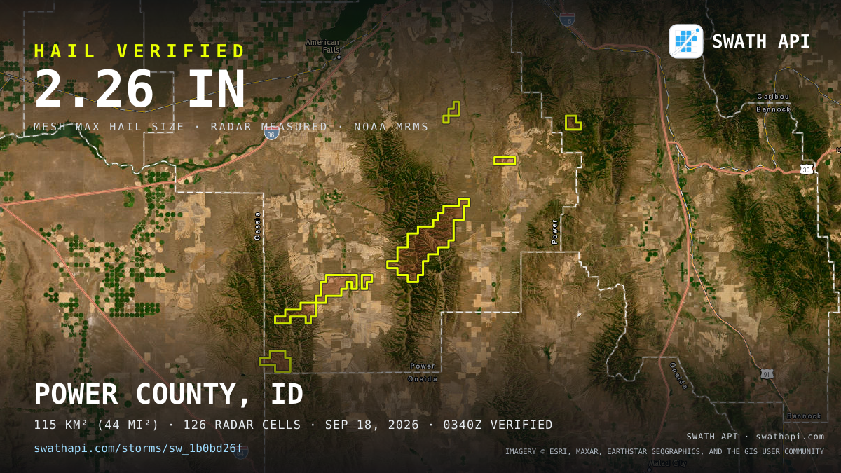 Storm card: 1.1–2.3" hail crossed Power County, ID — September 18, 2026