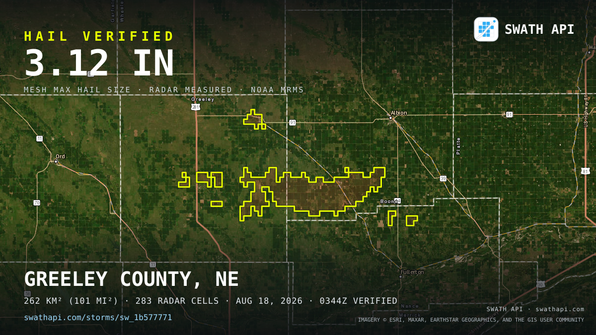 Storm card: 1.1–3.1" hail crossed Boone County, NE — August 18, 2026